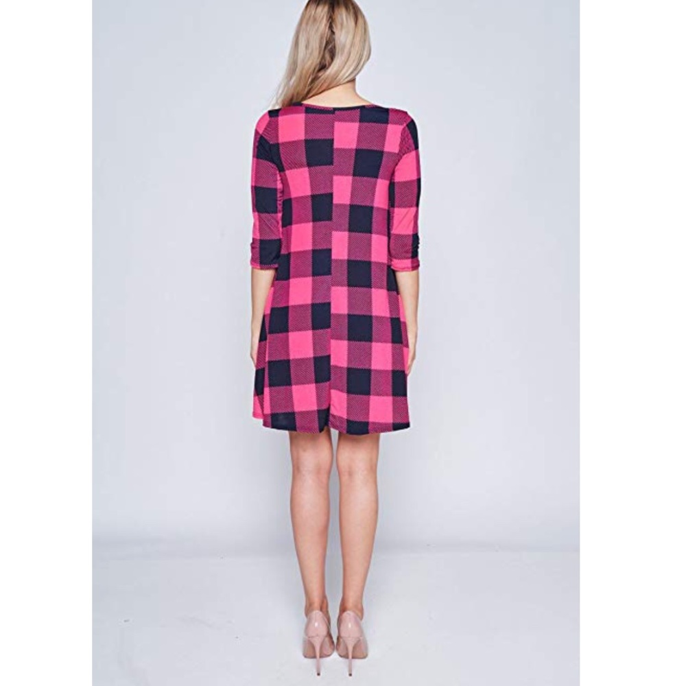 Pink/Black Checker Plaid Tunic Mini Dress Pockets - Picture 3 of 4